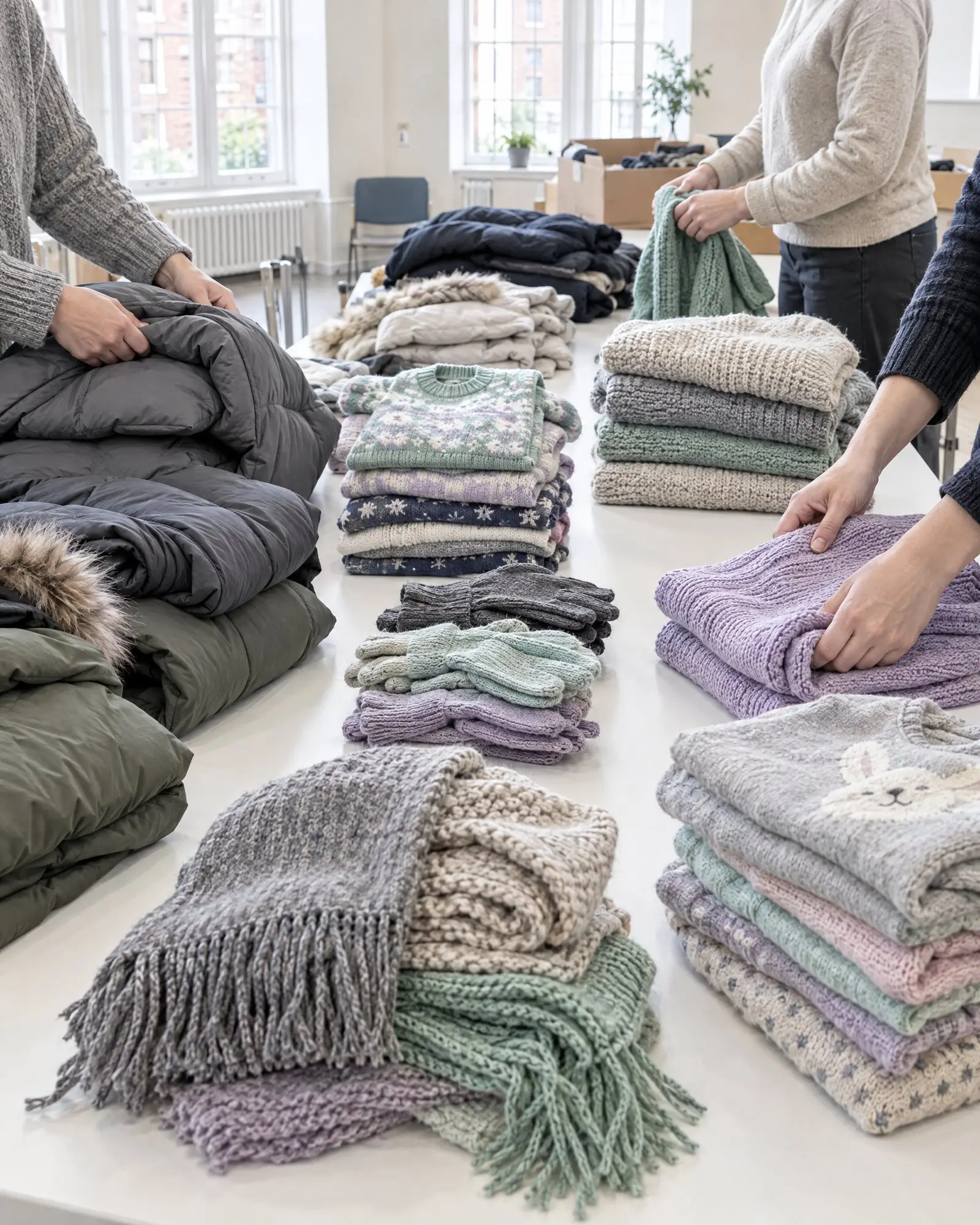 Volunteers folding donated winter coats and scarves