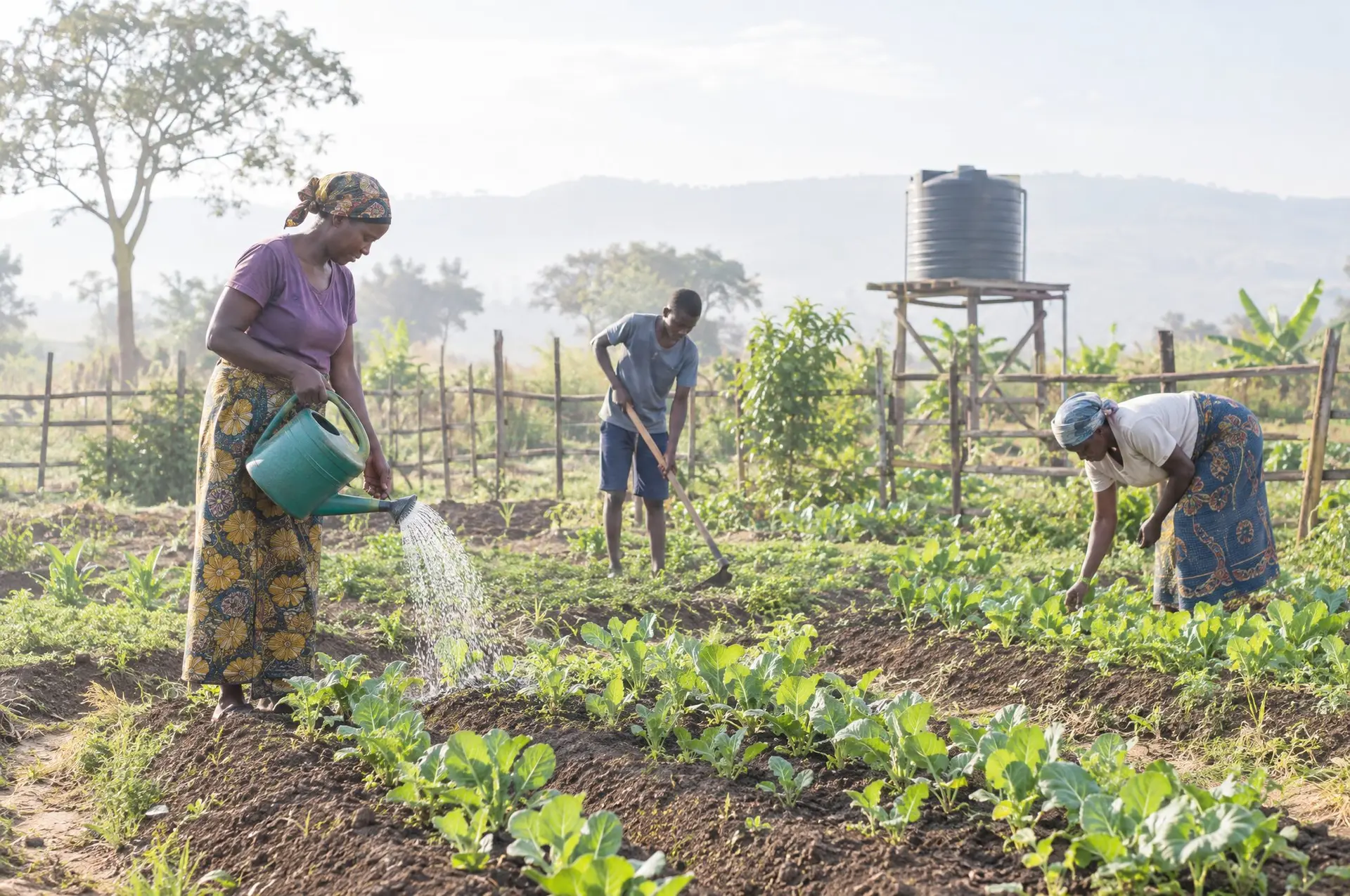 People tending young seedlings in a community garden