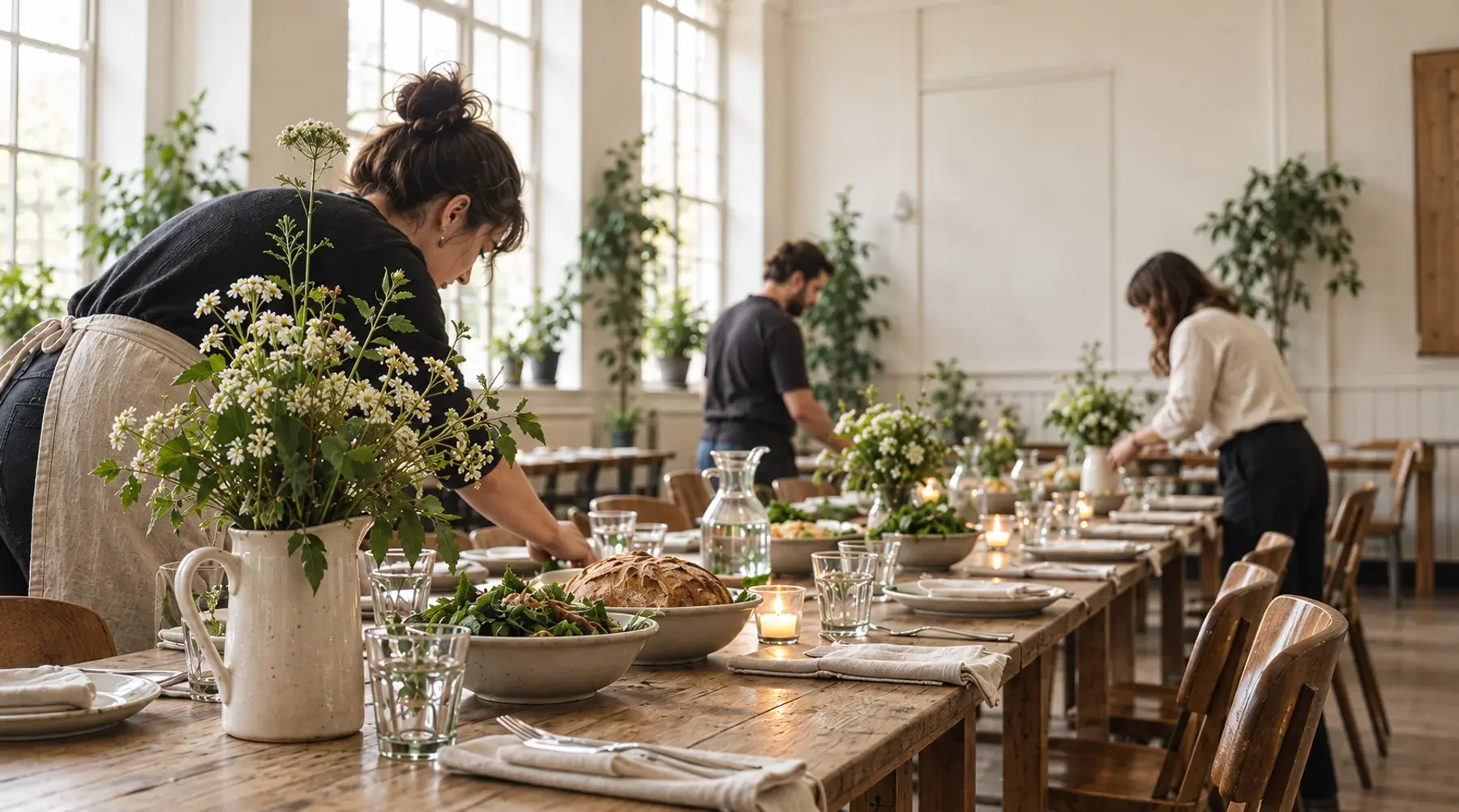 Volunteers setting a table for an informal community supper.