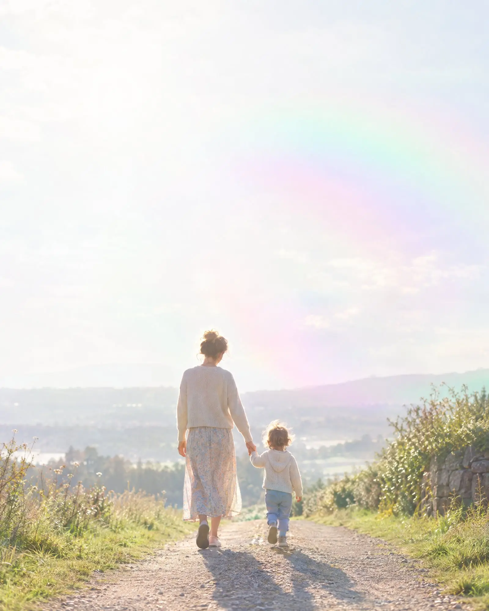 A mother and young child walking hand in hand under a bright sky