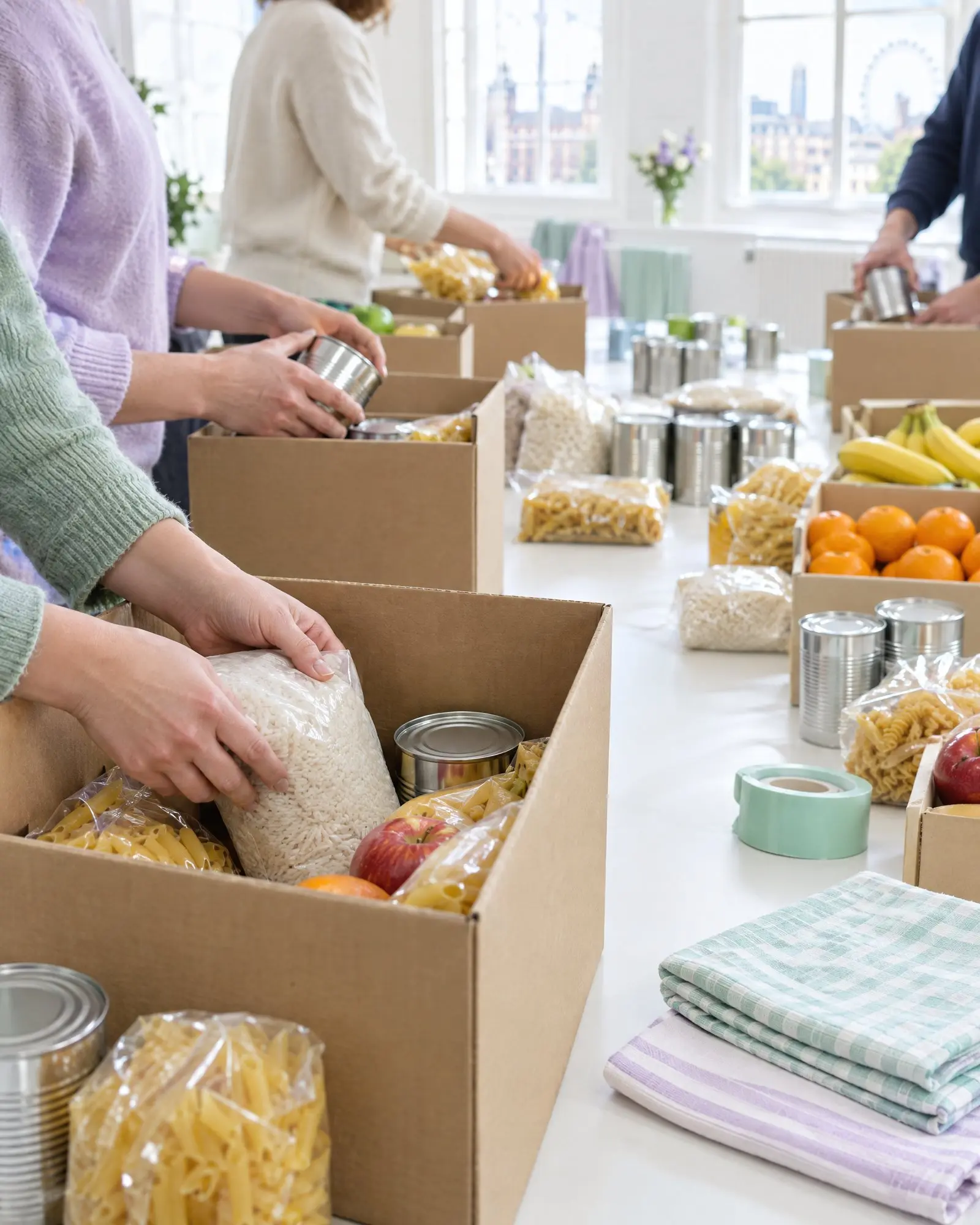 Volunteers packing food parcels in a bright community hall