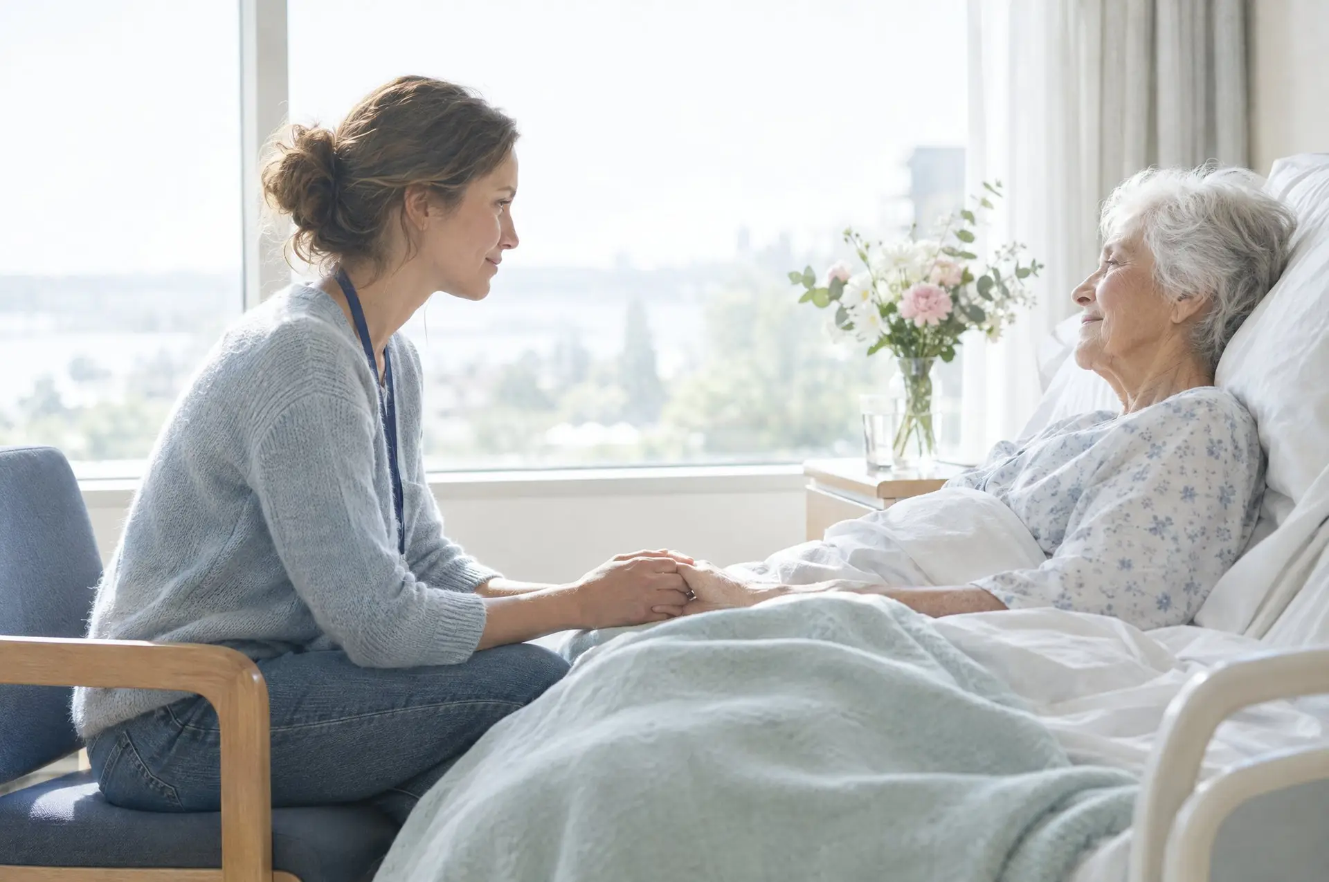 A volunteer holding the hand of an elderly patient beside a bright hospital window