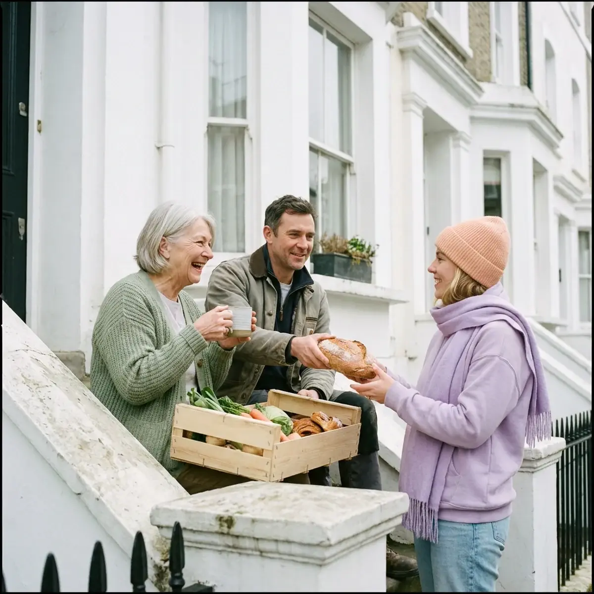 Neighbours sharing bread and a crate of fresh vegetables on the steps of a white London terraced house.