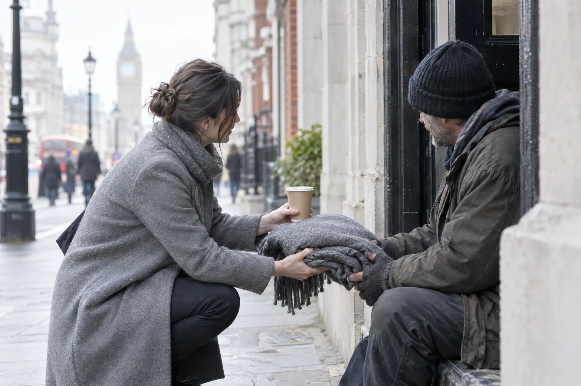 A volunteer offering a warm drink and a blanket to a man sitting in a London doorway
