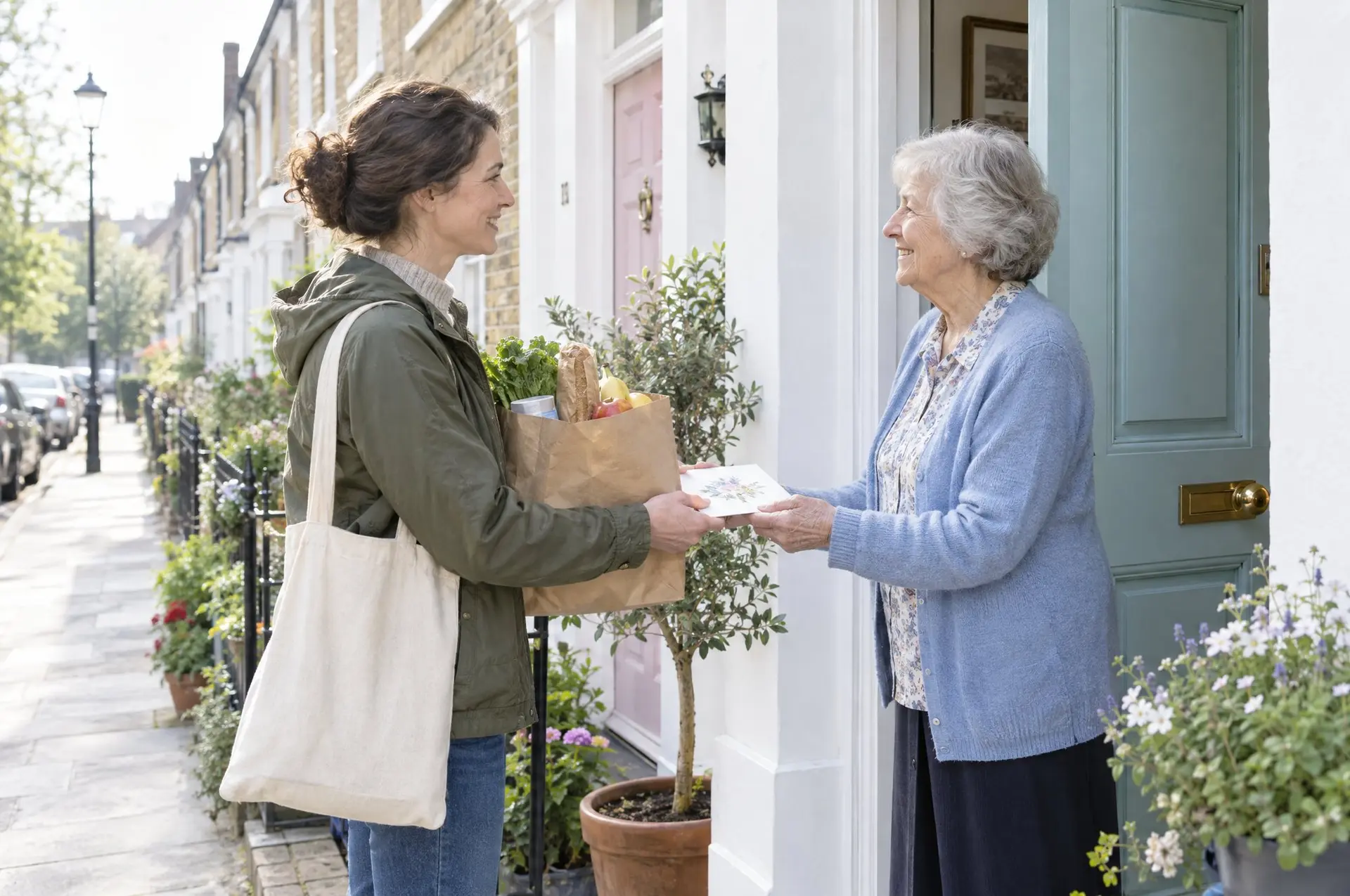 A volunteer bringing groceries to an elderly neighbour at her front door