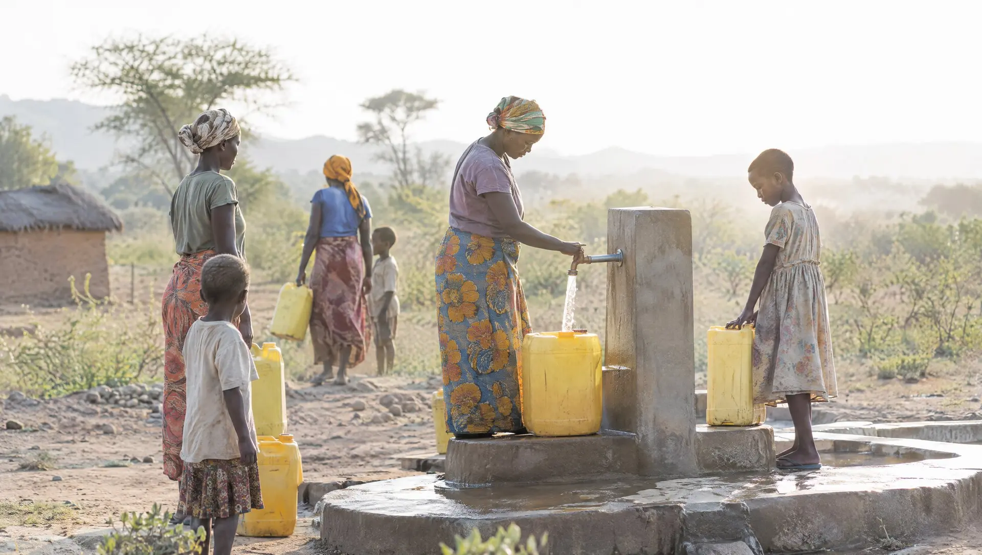 Women and children filling water containers at a village tap in the morning light