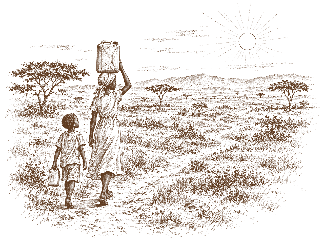 Ink drawing: the girl walks a dusty path under a hot sun, a full jerrycan balanced on her head, her little brother beside her.