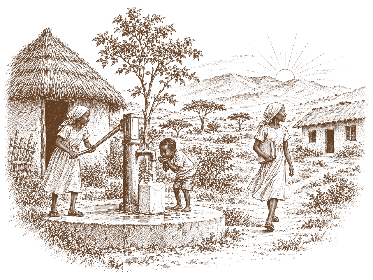 Ink drawing: children gather at a new hand pump in the village, the boy drinking and laughing, the girl walking to school with her books.